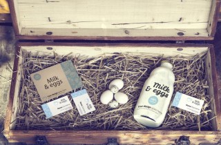 Bottle of Milk And Business Cards In Wooden Box Mockup