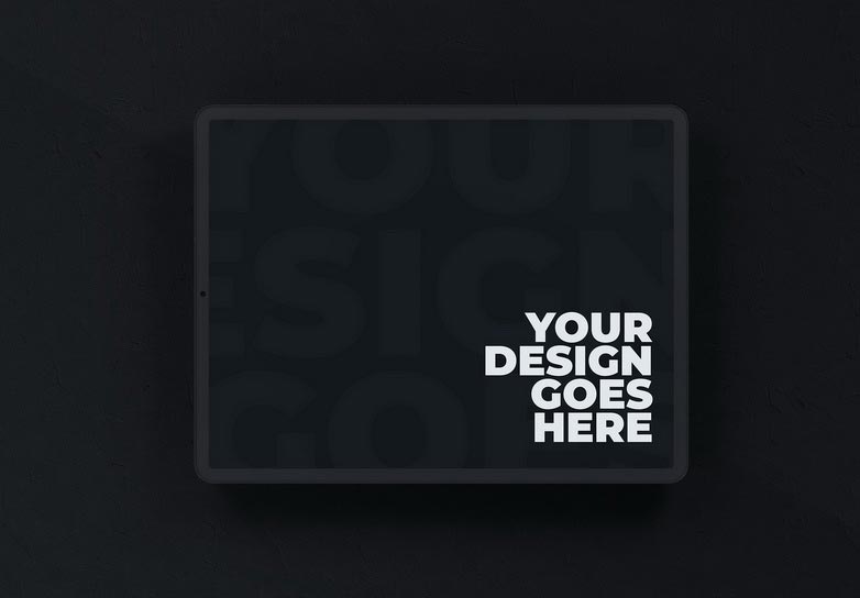 Dark Clay Horizontal Tablet Mockup with Shadows and Wall Background
