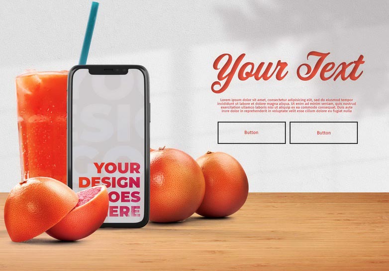 Modern Smartphone and Grapefruit Juice on Wooden Table Mockup
