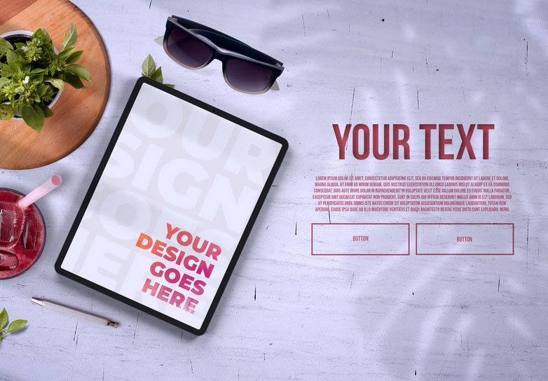 Tablet and Organic Juice on Light Background Top View Mockup