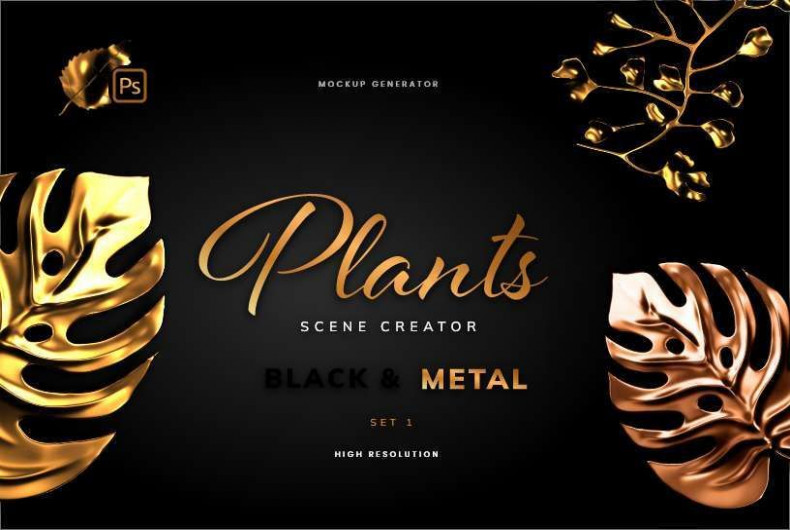 Gold and Black Monstera Plant Leaves and Tropical Herbs Scene Creator