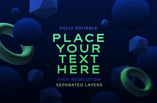 Blue and Neon Green Geometric Shapes Floating in Space Mockup