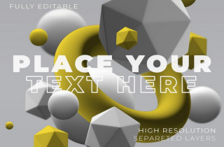 Floating White And Yellow Polygons And Spheres On Gray Background Mockup