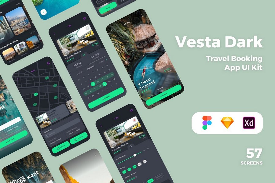 Vesta Dark Travel Booking App UI Kit